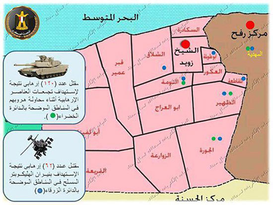  الخريطة التى عرضها المتحدث العسكرى مؤخرا حول عمليات الجيش فى سيناء -اليوم السابع -7 -2015
